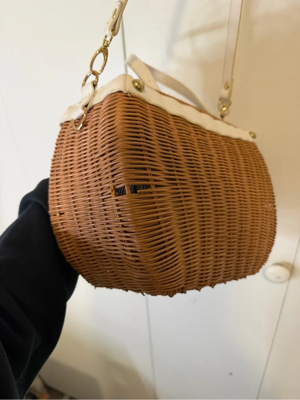 Woven Rattan Crossbody Bag with Cream Trim